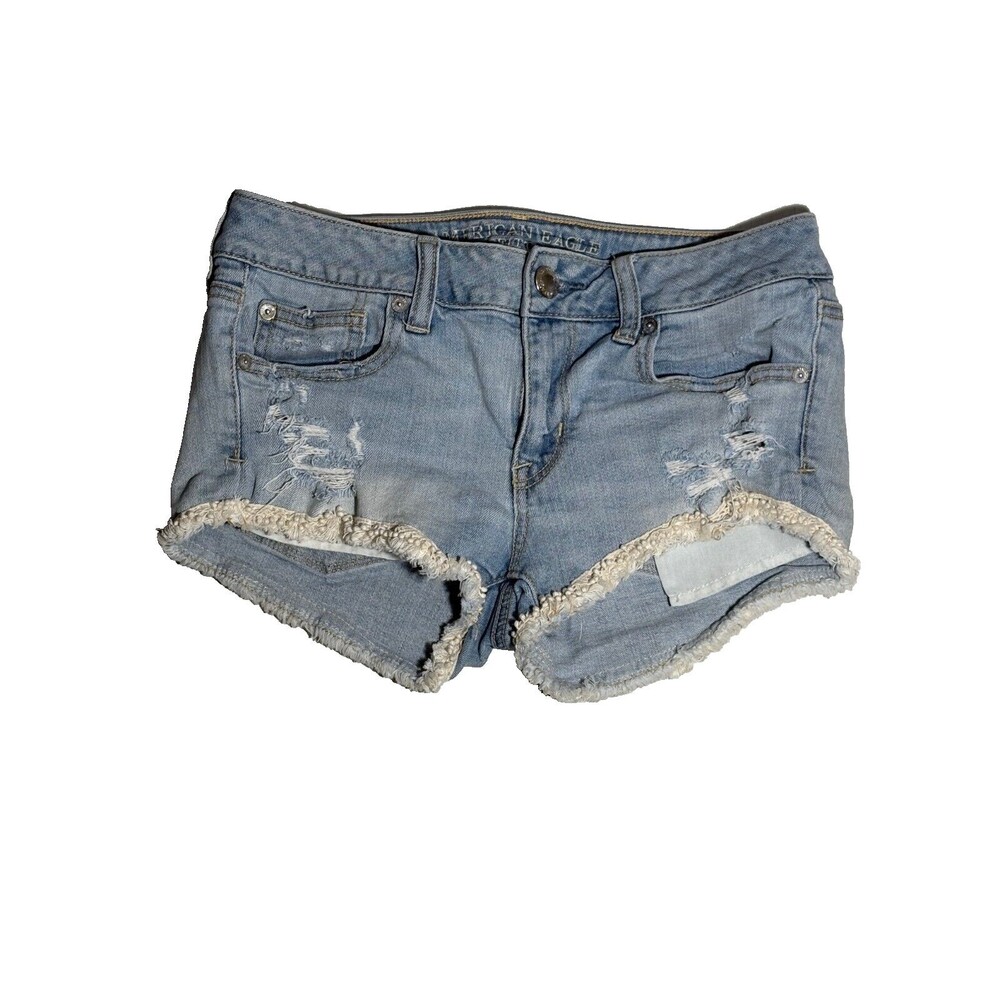 American Eagle Distressed Shortie Blue Jean Shorts Lace Trimmed Size 4 Womens